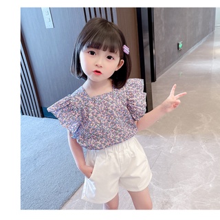 ชุดเด็กผู้หญิง ชุด2ชิ้น (เสื้อลายดอกไม้+กางเกงสีขาว) สไตล์เวอร์ชั่นเกาหลีน่ารักๆ เหมาะกับเด็กวัย (อายุ 1-5 ปี, ส่วนสูง 8