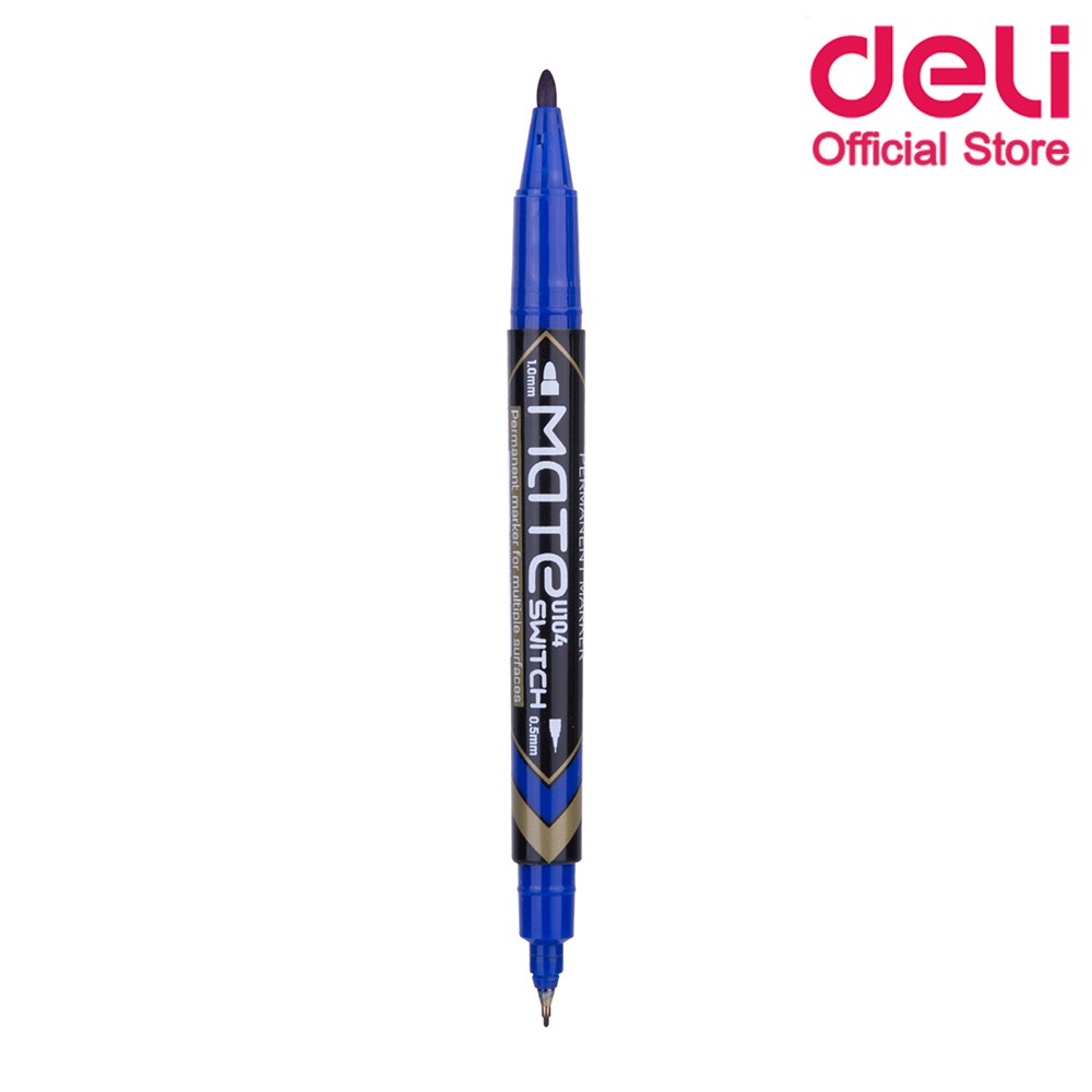 deli-u10430-marker-pen-ปากกามาร์คเกอร์-สำหรับเขียนซองพลาสติก-เขียนแผ่นซีดี-โมเดล-แบบ-2-หัว-สีน้ำเงิน-แพ็คกล่อง-12-แท่ง