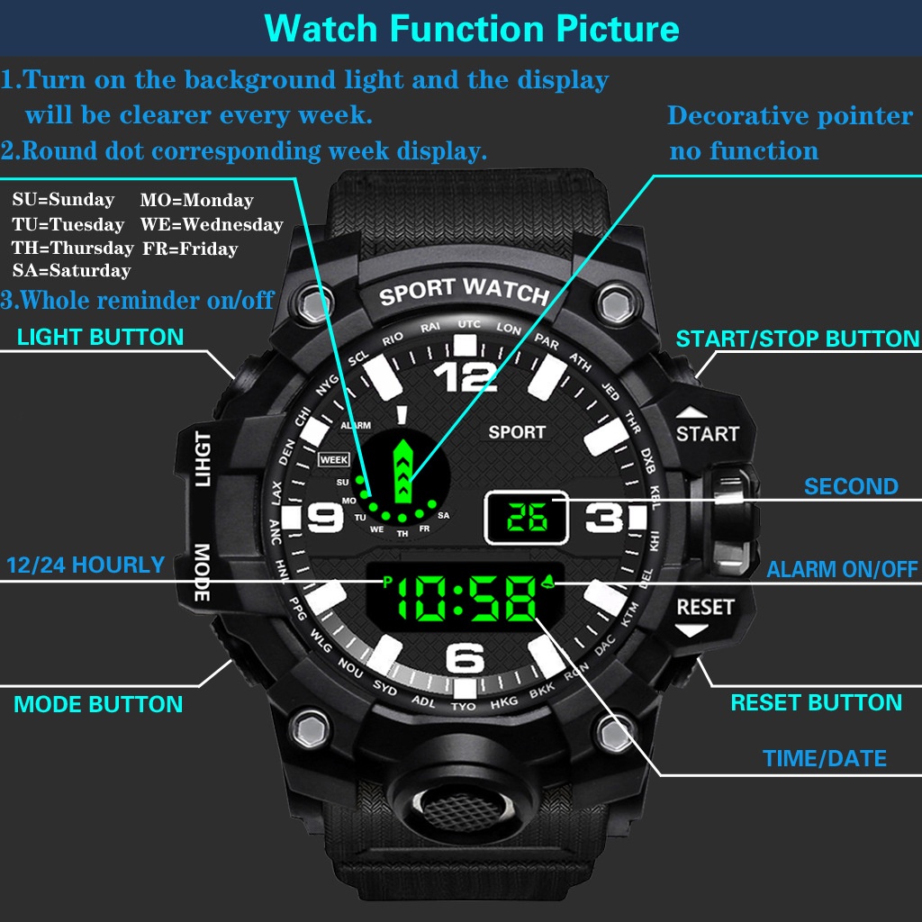 ภาพที่ให้รายละเอียดเกี่ยวกับ LWCC นาฬิกาข้อมือดิจิทัลลําลอง อเนกประสงค์ สไตล์สปอร์ต แฟชั่นสําหรับผู้ชาย นาฬิกาผู้ชาย