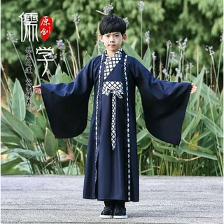 ชุดฮั่นฝูเด็ก  ชุดจีนโบราณ  Hanfu  โทนสีดำ  โทนสีน้ำเงิน โทนสีเข้ม  ชุดนักเรียน
