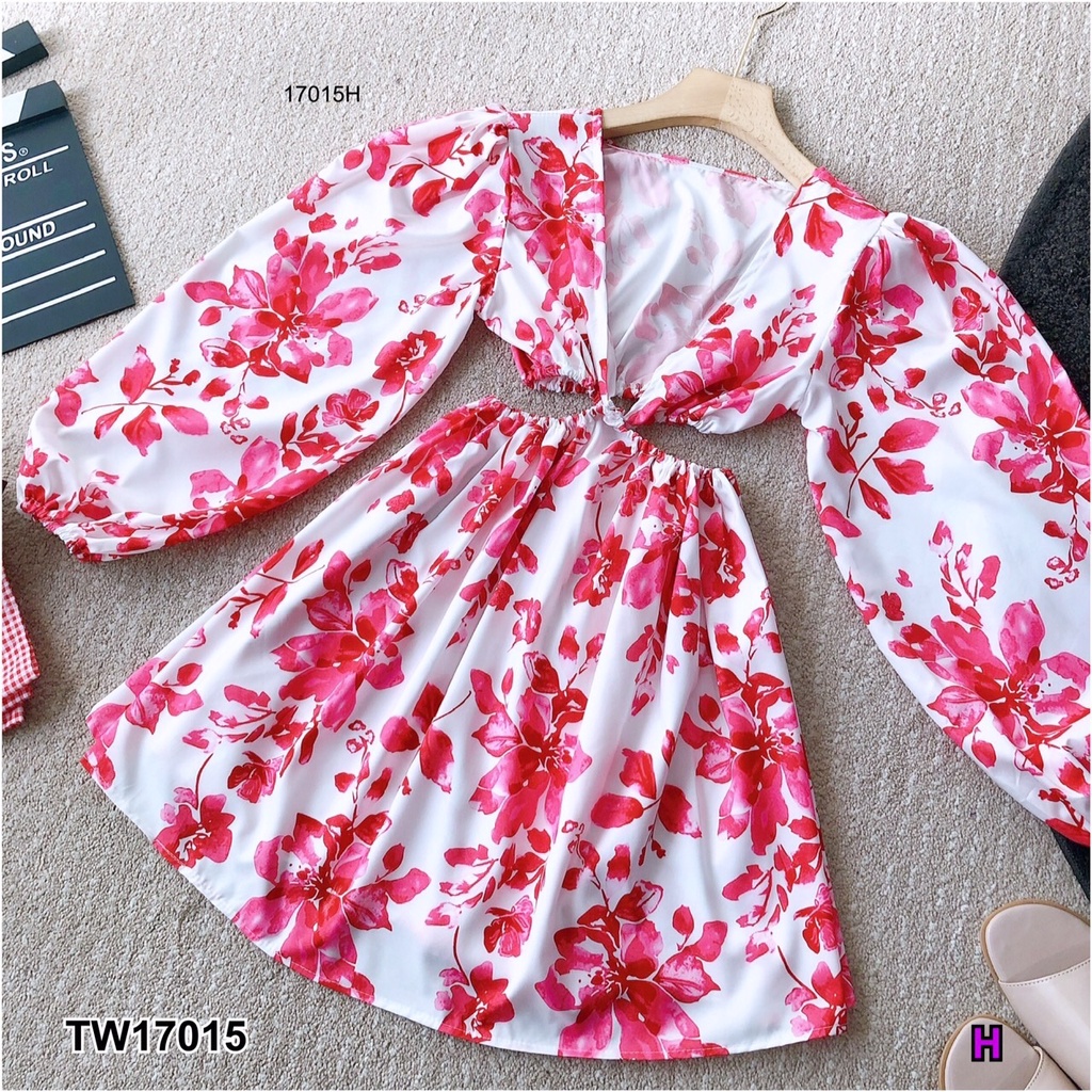 tw17015-เดรสสั้นแขนยาว-งานน่ารักมากกค้า-ลายดอกไม้สีสันสดใส-เว้าอกเว้าเอวจัดเต็ม-แขนยาวปลายแขนยางยืด-เนื้อผ้า-100d