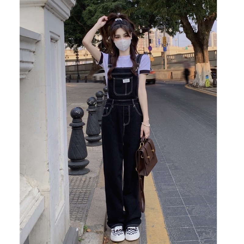 many-jeans-overalls-เอี๊ยมกางเกงยีนส์ขายาวเอวสูงสีดำพร้อมส่ง