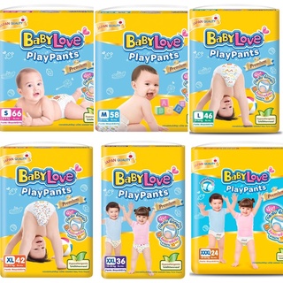 (ขายยกลัง) Babylove Play Pants Premium Diaper เบบี้เลิฟ เพลย์ แพนท์ ผ้าอ้อมสำเร็จรูปสำหรับเด็ก ชนิดกางเกง มี 6 ไซส์