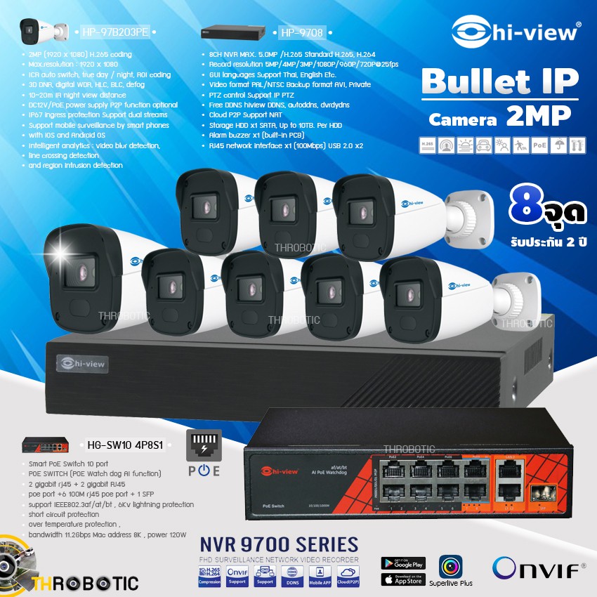 ชุดกล้อง Hi-view Bullet IP Camera 2MP รุ่น HP-97B203PE (8ตัว)+NVR 8Ch ...