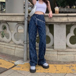 S-2XL Plus Size Retro Love Pocket กางเกงยีนส์สีน้ำเงินผู้หญิงเอวสูงกางเกงขาตรงกางเกงหลวม