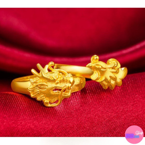 sale80-แหวนคู่ชายหญิง-รูป-มังกรและไก่ฟ้า-แหวนแฟชั่นสีทอง