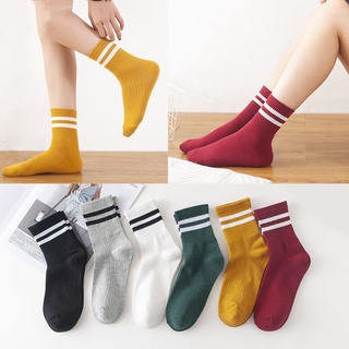 【สินค้าพร้อม】ถุงเท้าลายเกาหลีสไตล์ญี่ปุ่นสดและน่ารักถุงเท้าผู้หญิงถุงเท้าสองแท่ง