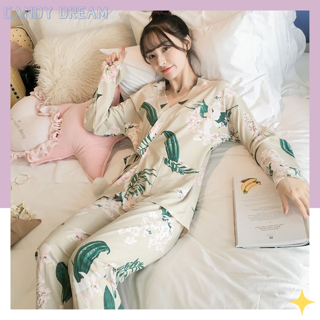 ชุดนอนผู้หญิงแฟชั่น-ชุดนอนกึ่งเสื้อคลุมแนวญี่ปุ่น-เสื้อผ้าแขนยาวกางกางขายาว-แถมผ้าปิd16พร้อมส่ง