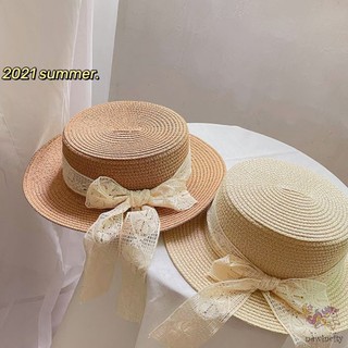 Korean Fashion Cap Children Kids Girls Holiday Style Lace Bow Design Sunscreen Straw Hat