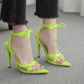 ใหม่ สายรัดข้อเท้าผูกส้นสูง เรืองแสงสีเขียวรองเท้าแตะหญิง