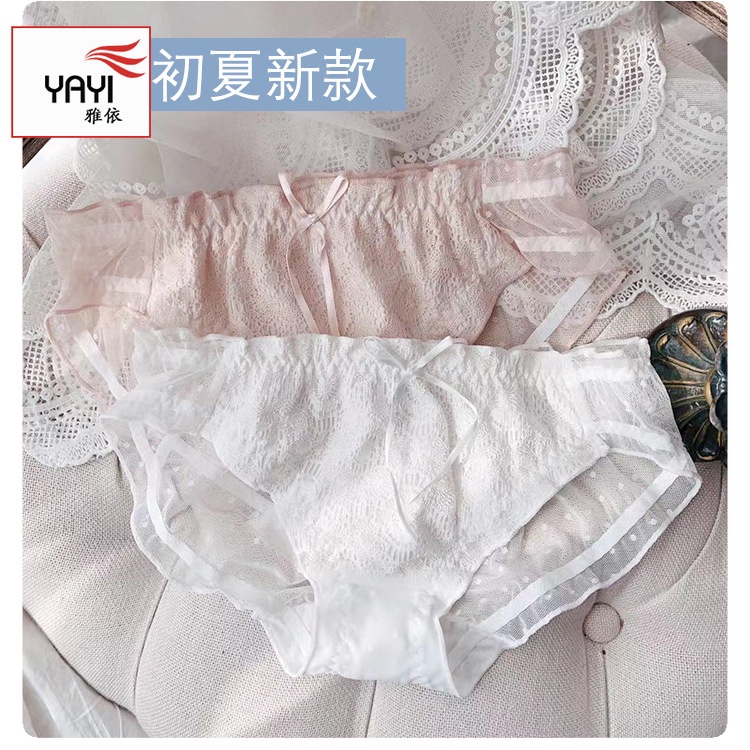 ภาพหน้าปกสินค้ากางเกงในสำหรับผู้หญิงหวาน ออกแบบมาสไตล์ญี่ปุ่น สีดั่งลูกอมประดับโบว์ลูกไม้ เนื้อผ้าบางระบายอากาศดี