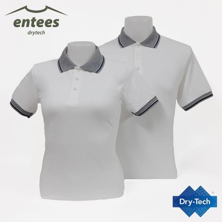 เสื้อโปโล DryTech สีขาว คอปกสีเทาทอปดราย ริ้วสีกรมท่า และขาว