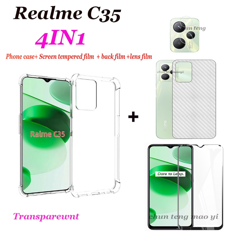 4in1-เคสโทรศัพท์มือถือแบบใส-กันกระแทกสี่มุม-ฟิล์มกระจกนิรภัย-ฟิล์มด้านหลัง-ฟิล์มเลนส์-สําหรับ-realme-c35-c31-c30