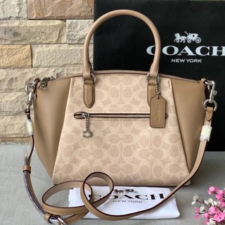 (ผ่อน0%) กระเป๋า COACH 79364    Elise Satchel In Signature Canvas ทรงพัด งานshop ลายซี