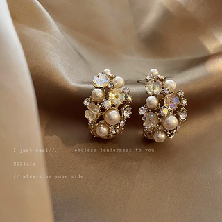 925 silver needle diamond pearl flower C-shaped earrings Korea Dongdaemun earrings simple style temperament earrings wom