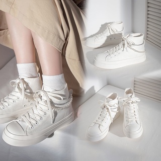 TST008 🚚🚚 ป่า แก๊งค์สูง รองเท้าผ้าใบ การออกแบบเดิม สร้อยไข่มุก รองเท้าผู้หญิง หวานย้อนยุค ✨✨ 2022 ใหม่ รองเท้าสตรีสีขาว