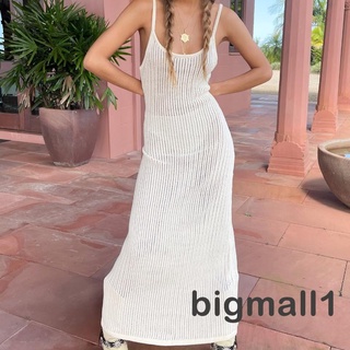 BIGMALL-Women Knitted Cutout Long Dress Solid Color Sleeveless Backless Sling Dress Summer Casual Fashion Beach Party Dress