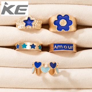 Popular Jewelry Blue Drop Alloy Ring Five-piece Set Flower Star Love Letter Ring Set for girls