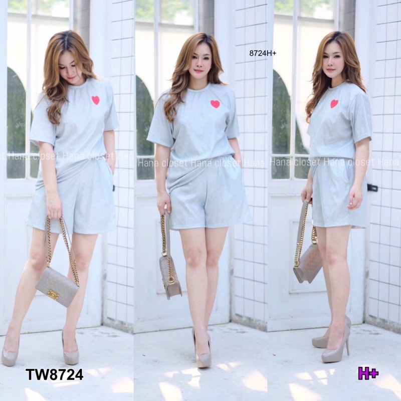 set-สาวอวบ-เสื้อคอกลมสกรีนหัวใจ-กางเกงขาสั้น-tw8724