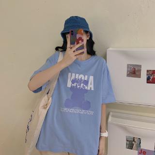 เสื้อยืดสีขาว(MS) เสื้อยืดแขนสั้นพิมพ์ลายการ์ตูนหมีสไตล์เกาหลีสําหรับผู้หญิง