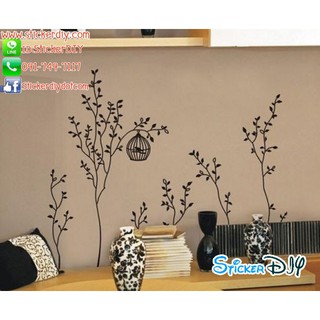 SALE Transparent wall sticker สติ๊กเกอร์ติดผนัง ต้นไม้เล็กกรงนกสีดำ (กว้าง220cm.xสูง150cm.)