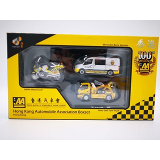 TINY box set HONG KONG Automobile Association Boxset , BMW Motorcycle. , Hino 300 Tow Truck., Mercedes Benz sprinter