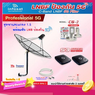Thaisat C-Band 1.5M (ขางอ 100 cm.Infosat) + Infosat LNB C-Band 5G 2จุด รุ่น CG-2 + PSI S3 HYBRID 2 กล่อง+ สายRG6 30 m.x2