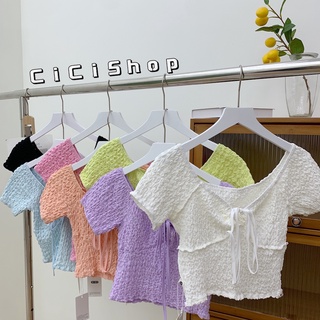 Cicishop(086)เสื้อครอปแขนสั้น ดีเทผูกโบซาหน้าอก ผ้าฝ้าย ยืดได้ โทนสีพาลเทลน่ารักไม่ไหว