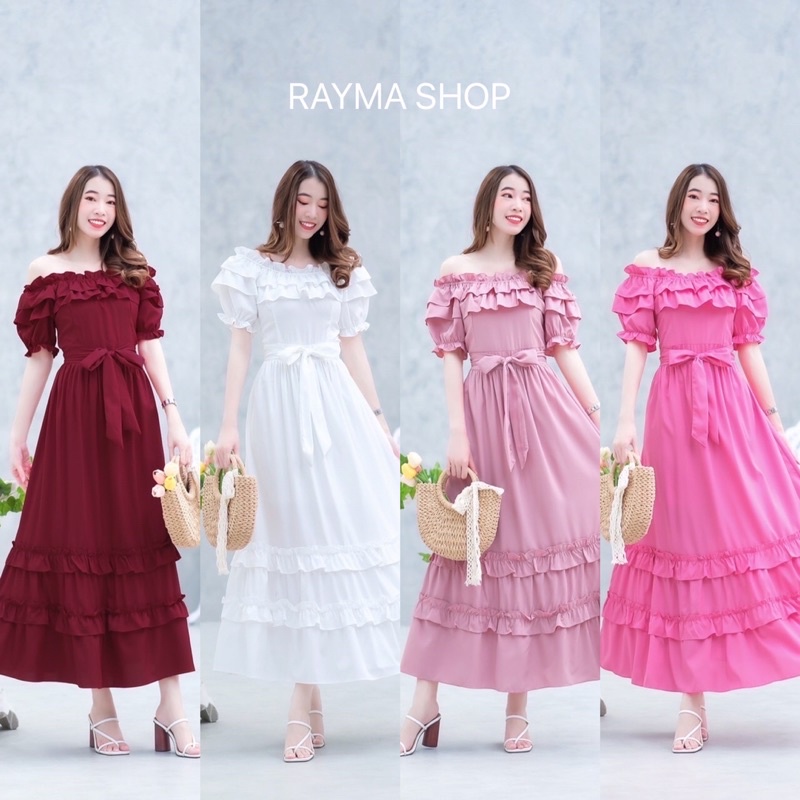 maxi-dress-เดรสยาว-เปิดไหล่-ได้-เกาะอกก็ได้ค่ะ-แขนระบาย-ชายเดรสแต่งระบายรอบ