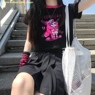 🍒เตรียมจัดส่ง🍒เสื้อยืดแขนสั้นผู้หญิงพิมพ์ลายการ์ตูนเอวสูง