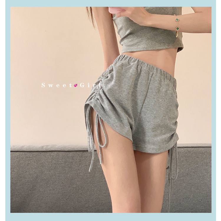 เซ็กซี่นักฆ่าคุณลักษณะเอวสูง-drawstring-กีฬากางเกงขาสั้นผู้หญิงหลวมสบาย-ๆ-กระชับสัดส่วนตรงกางเกงขากว้างด้านนอกร้อน