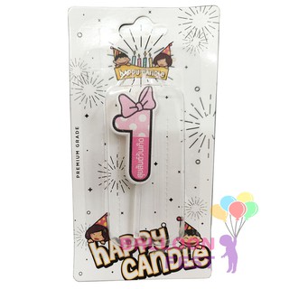 Happy Candle เทียนวันเกิด happy birthday ตัวเลข ติดโบว์ 0-9 สามารถเลือกได้ (สีชมพู)