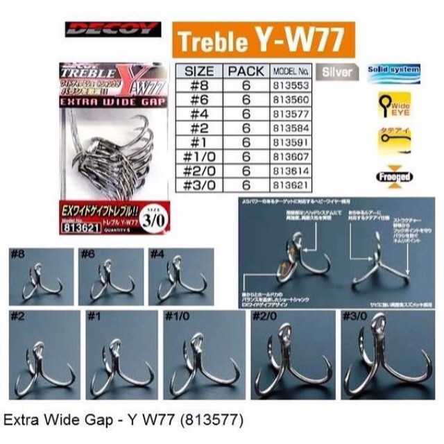 Hameçons Triples Decoy Y-W77 Wide Gap - Taille 6 - Extra Forts - Lot De 6