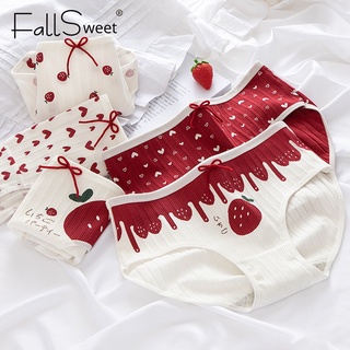 FallSweet พลัสไซส์ M-XL กางเกงในผู้หญิง กางเกงชั้นใน ผ้าฝ้าย เอวกลาง พิมพ์ลายสตรอเบอร์รี่ หัวใจ ประดับโบว์น่ารัก แฟชั่นสําหรับผู้หญิง