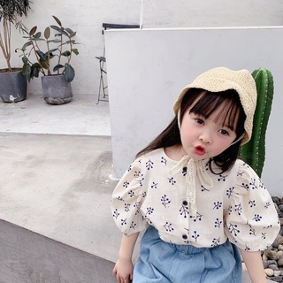 เสื้อเด็กสไตล์เกาหลีแขนพัฟผ้าลินินผสมฝ้ายแขนสั้น พร้อมส่งจากไทย