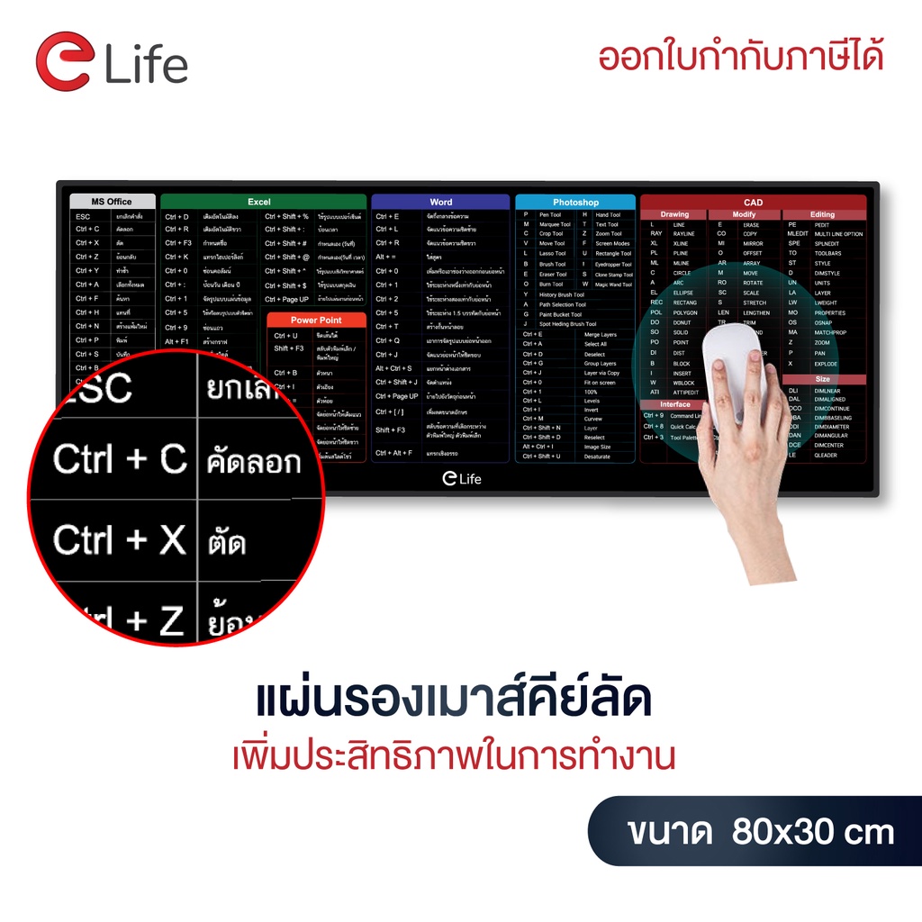 elife-แผ่นรองเม้าส์-คีย์ลัดภาษาไทย-ขนาดใหญ่-ของขวัญ-แผ่นรองคีย์บอร์ด-อุปกรณ์สำนักงาน-mouse-pad-shortcut-keys