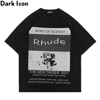 【hot sale】Dark Icon Rhude T-shirt High Street Short Sleeve Mens Tshirts Make Old Hand Wash Oversize Tee Shirt Cotton To