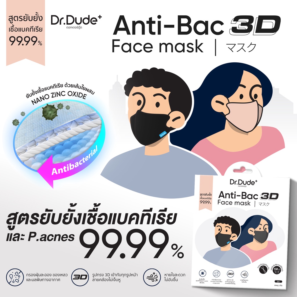 โค้ดส่วนลด-dr-dude-anti-bac-3d-face-mask-สูตรยับยั้งเชื้อแบคทีเรีย-p-acne-99-99-แมสก์ลดสิว-แมสก์ผ้า-แมสก์ซักได้