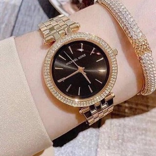 นาฬิกา mk หน้าปัดสีดำ สายสเตนเลส สีทอง 37 มม. Darci Black Dial Crystal Pave - Gold - MK3738