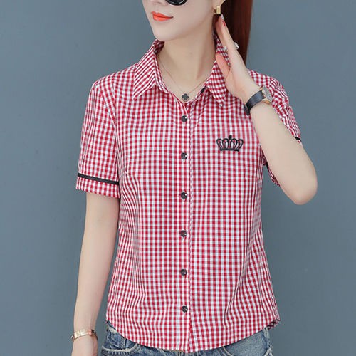 เสื้อเชิ้ตแขนสั้นลายสก๊อตผู้หญิงฤดูร้อนปี-2021-ใหม่-plus-ขนาดผู้หญิงแขนสั้น-bottoming-ผู้หญิงเสื้อด้านบนเสื้อผ้าผู้หญิง