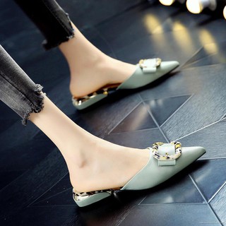 ราคา✲Baotou Fashion Belt Buckle Slippers Women s Low Heels 20 Summer Pointed Toe Color Combination Casual Thick-Heeled Lazy