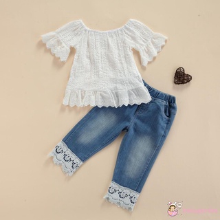 Babygarden- เสื้อแขนสั้น และกางเกงยีน ปักลายลูกไม้ สีพื้น สําหรับเด็กผู้หญิง 1-6 ปี 2 ชิ้น ต่อชุด