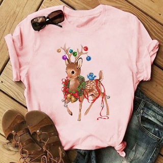 ⚡️ พร้อมส่ง⚡️ Unisex Suitable All Seasons Short Sleeve Tops Tee Merry Christmas Tree Graphic Print Pink T-shirt Women