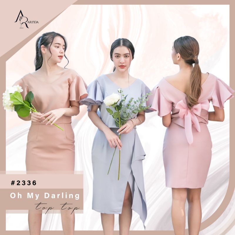 arinda-oh-my-darling-top-2336-เสื้อคอวีแขนระบาย-แต่งโบว์ด้านหลัง