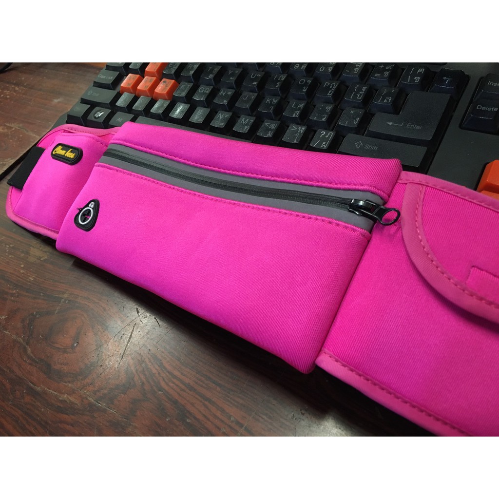 กระเป๋าวิ่งคาดเอว-สีชมพู-กันน้ำ-มีรูสำหรับใส่สายหูฟัง-ขายถูกเพราะเลิกกิจการ