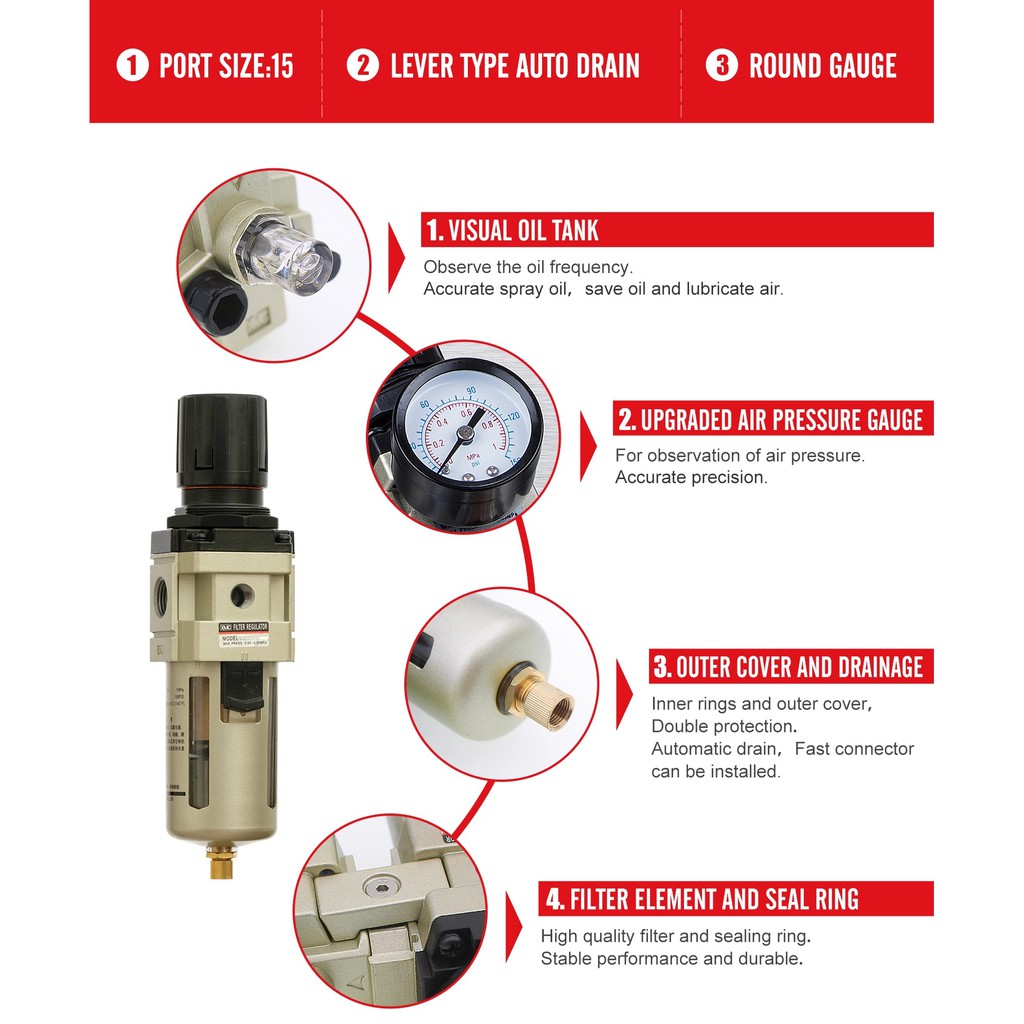 AW4000 ชุดกรองลม, ตัวดักน้ำ, ปรับแรงดันลม Filter Regulator ขนาด 1/2 ...