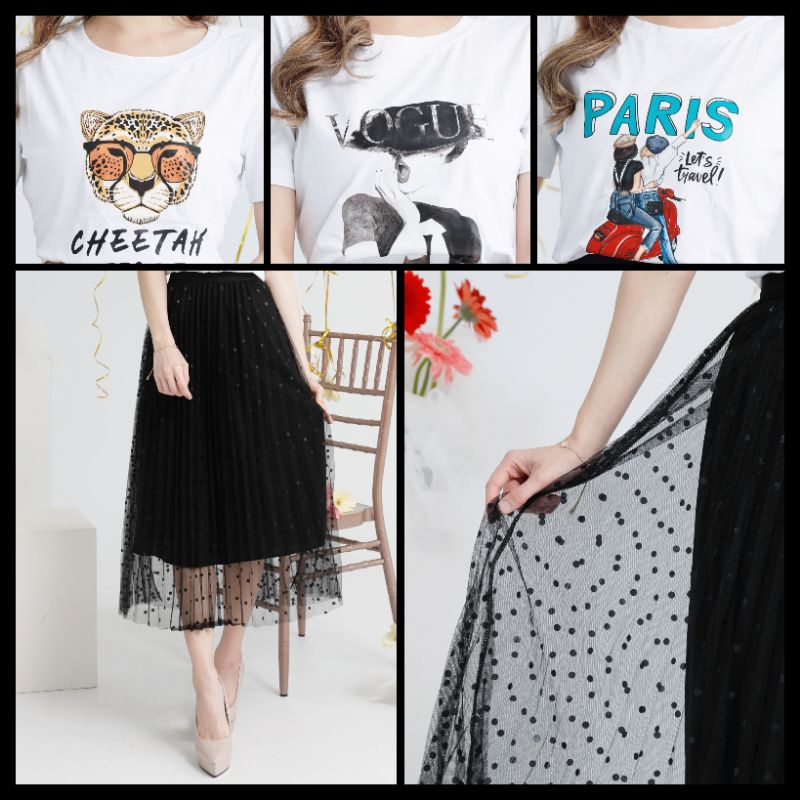 ชุดเซ็ต-เสื้อยืดสกรีนลาย-กระโปรงยาวผ้าชีฟองสีดำ
