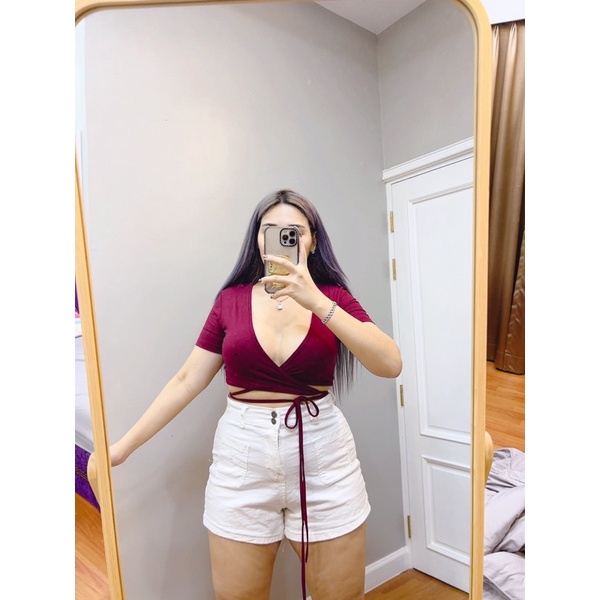 เสื้อผูกไขว้-ผ้าเรย่อนsexy-สินค้าพร้อมส่ง