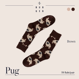 Pug &lt;Brown&gt; ถุงเท้าแฟชั่น ลายหมาปั๊ก สายคิ้วท์ สายสตรีท ถุงเท้าครึ่งแข้ง ราคาถูก คุณภาพดี