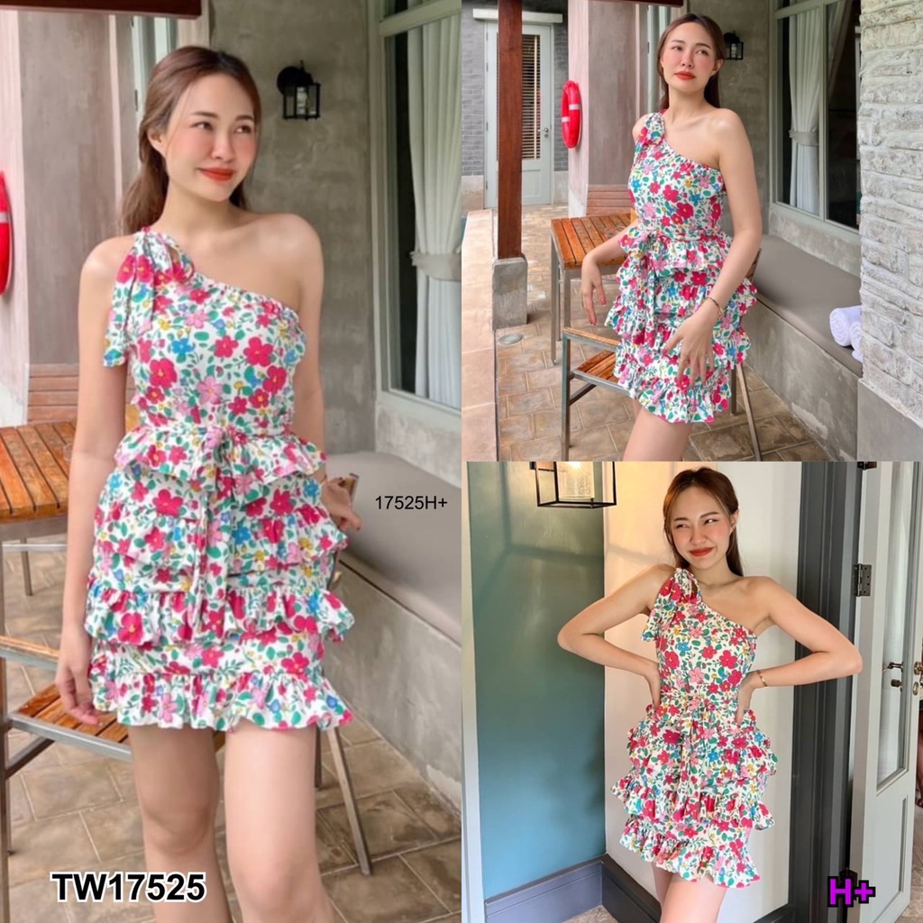 tw17525-เดรสสั้นลายดอกไม้-ปาดไหล่ข้างเดียว-ซิปข้างตัว-ไหล่ผูกโบว์-กระโปรงแต่งระบาย-3-ชั้น-เนื้อผ้าไหมอิตาลี่พิมลายดอกไม้